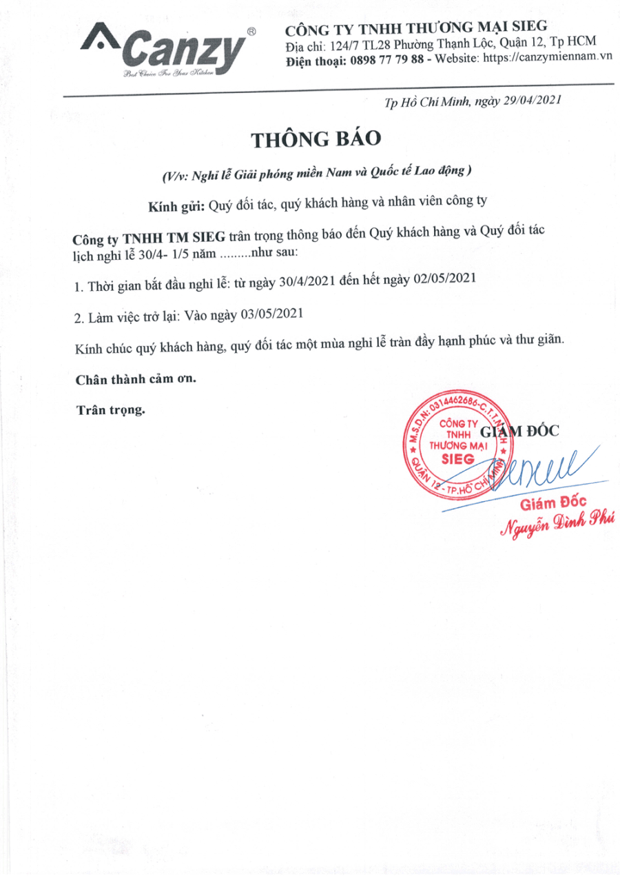 Thông báo nghỉ lễ 30-4 và 01-05-2021